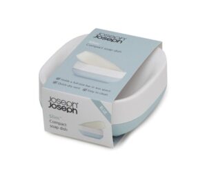 Compact quick drying soap dish in blue/white by Joseph Joseph with sloped base and ventilation