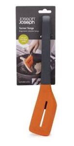 Ergonomic silicone cooking tongs with wide turner tips by Joseph Joseph in grey and orange