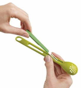 Olive jar spoon and fork set in green by Joseph Joseph with slotted spoon and clip-on for