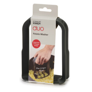 Non-stick safe potato masher with D-shaped handle and pan-scraper edges in grey