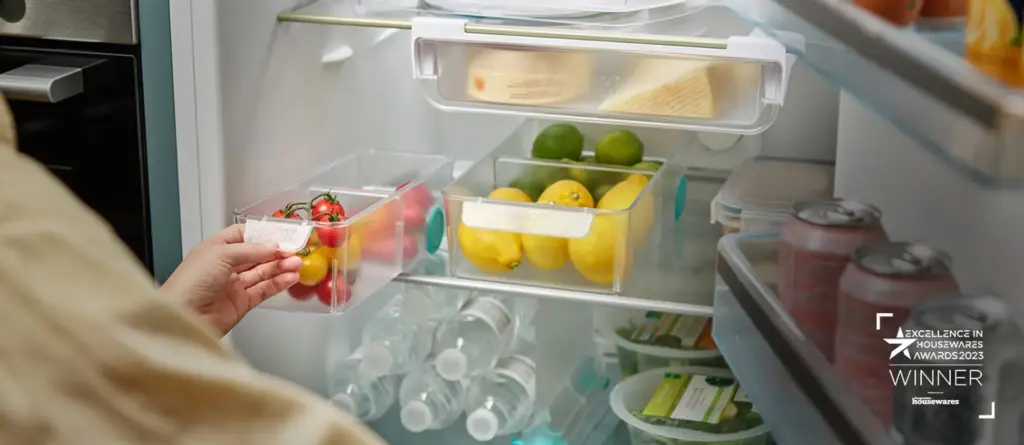 Fridge organised with Joseph Joseph FridgeStore™ rotating shelf and under-shelf drawer