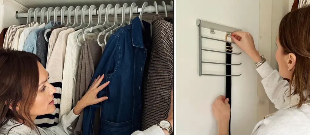 Leanne wardrobe organisation tips demonstrating. How do you maximise storage space using Joseph Joseph's Orderly accessories