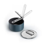 Joseph Joseph Space cookware set in Midnight Blue with folding handles, induction and oven-safe to 232ºC.